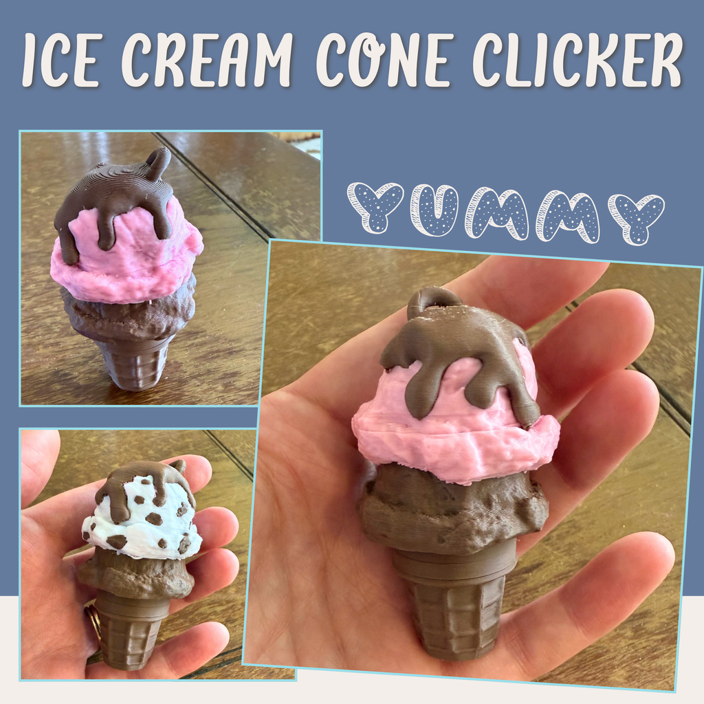 Double Scoop Ice Cream Cone Fidget Clicker Keychain – 3D Printed Dessert Sensory Toy | Cute Clicky Keyring for Stress Relief