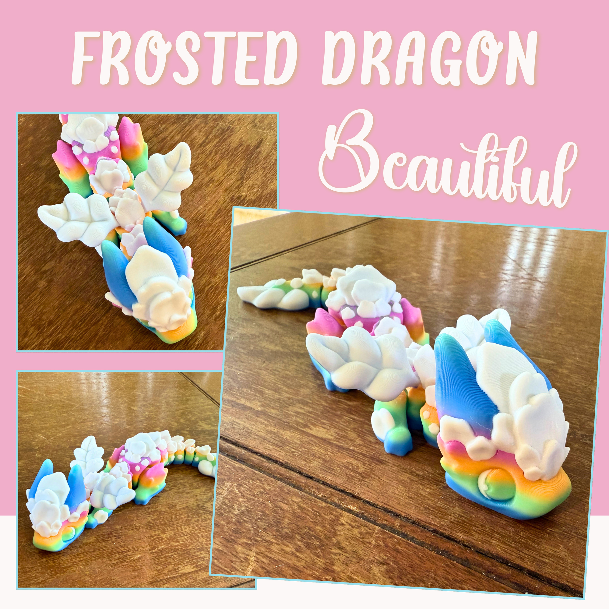 Pastel Frosted Dragon Fidget Toy – Articulated Rainbow 3D Printed Dragon with Icing Accents | Kawaii Fantasy Sensory Toy