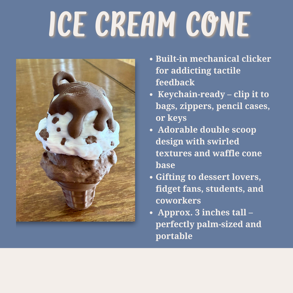 Double Scoop Ice Cream Cone Fidget Clicker Keychain – 3D Printed Dessert Sensory Toy | Cute Clicky Keyring for Stress Relief
