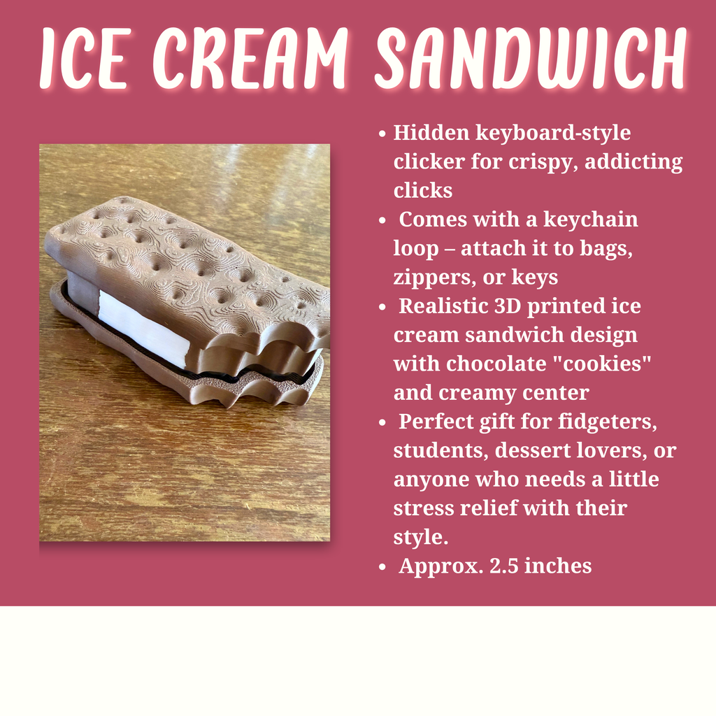 Ice Cream Sandwich Fidget Clicker Keychain – 3D Printed Sensory Toy with Satisfying Click | Cute Dessert Keyring