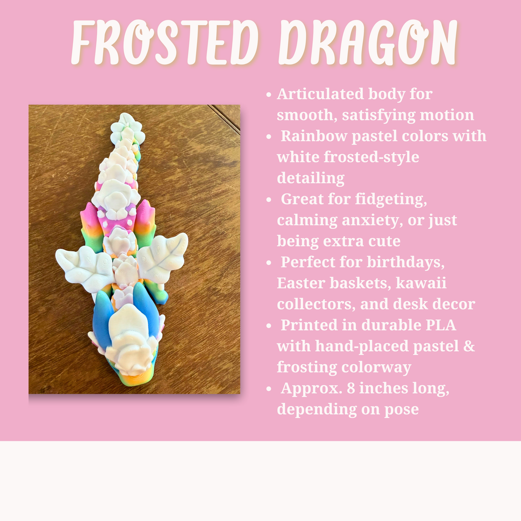 Pastel Frosted Dragon Fidget Toy – Articulated Rainbow 3D Printed Dragon with Icing Accents | Kawaii Fantasy Sensory Toy
