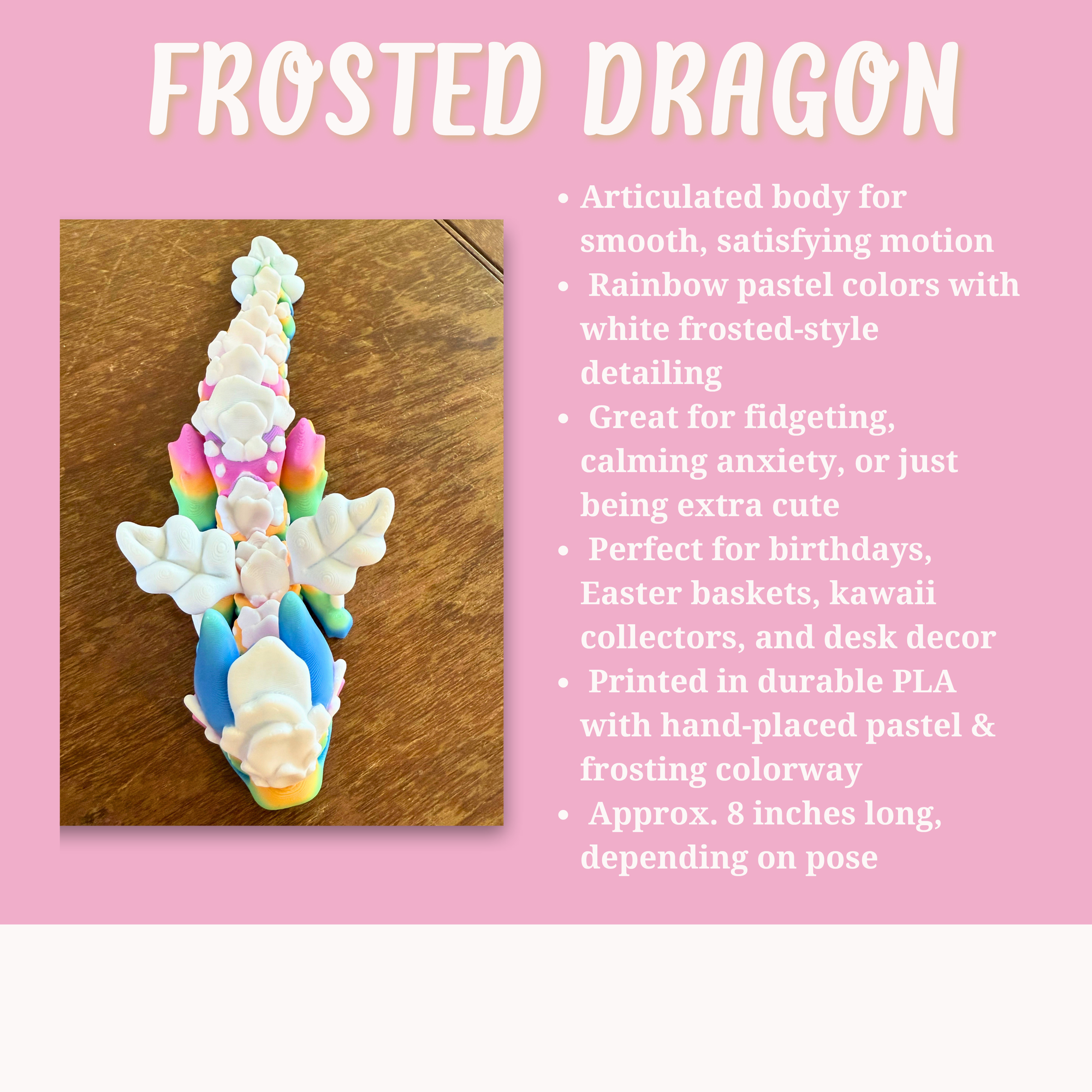 Pastel Frosted Dragon Fidget Toy – Articulated Rainbow 3D Printed Dragon with Icing Accents | Kawaii Fantasy Sensory Toy