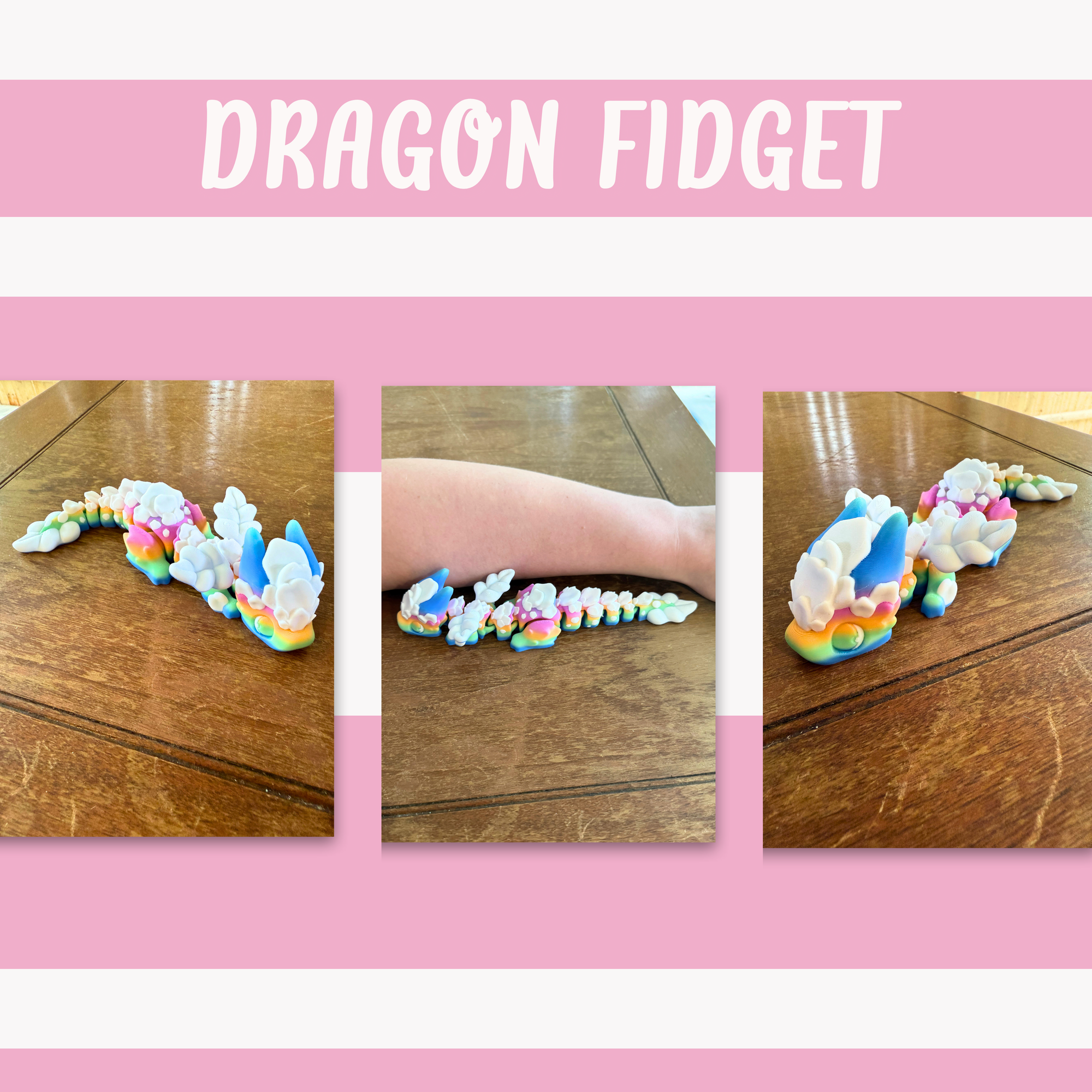 Pastel Frosted Dragon Fidget Toy – Articulated Rainbow 3D Printed Dragon with Icing Accents | Kawaii Fantasy Sensory Toy