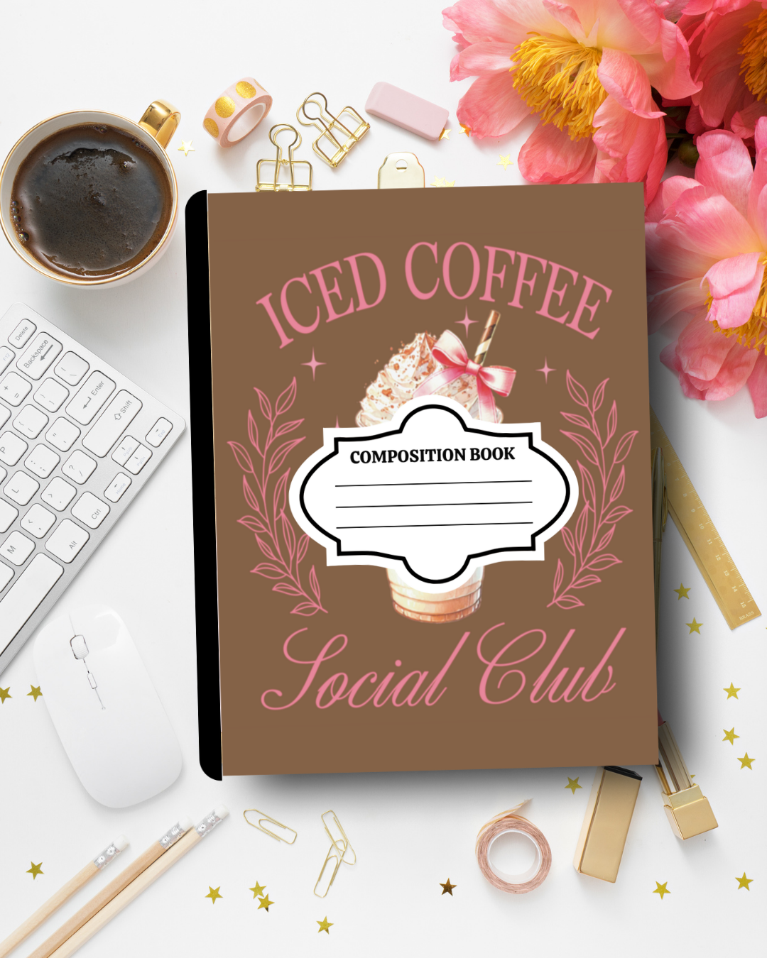 Customized Iced Coffee Coquette Composition Notebook – Coffee Lover Aesthetic Journal | Personalized School Supplies